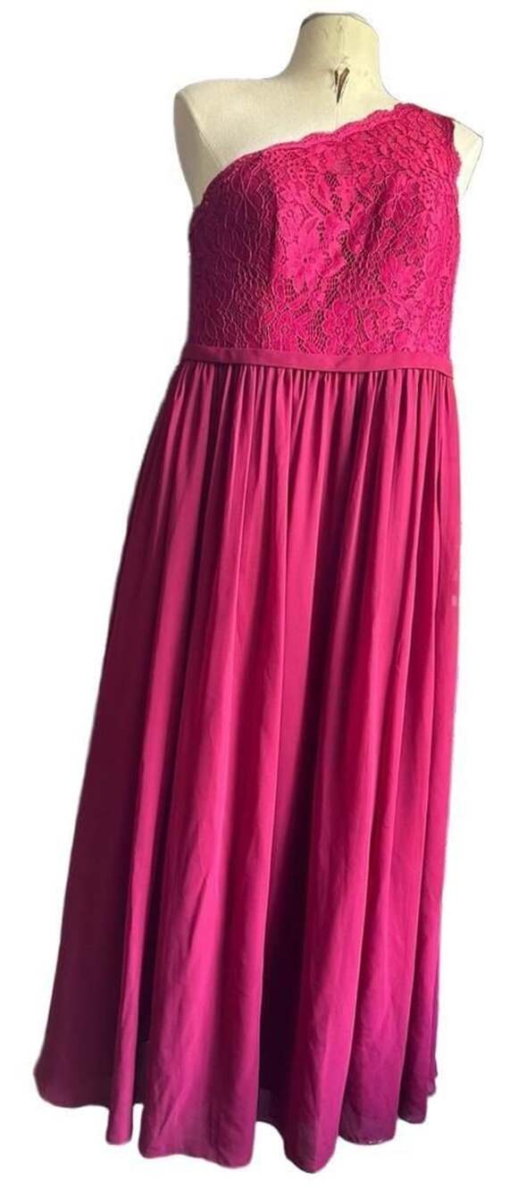 Azazie One Shoulder Maxi Dress Size 12 Hot Pink Lace Chiffon